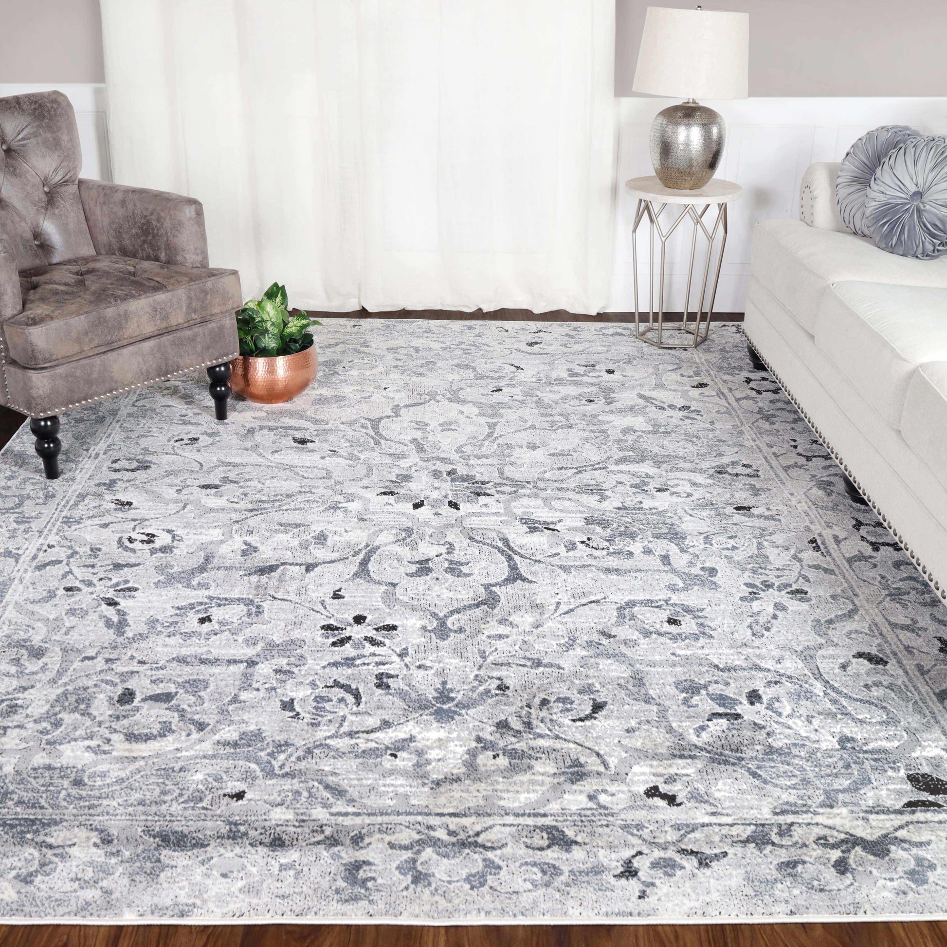 Caine Distressed Florals Modern Indoor Area Rug - Platinum