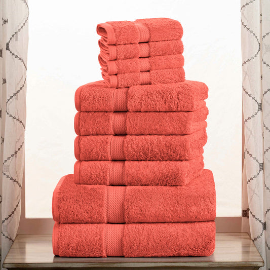 Egyptian Cotton Pile Heavyweight Highly Absorbent 10 Piece Towel Set - Coral