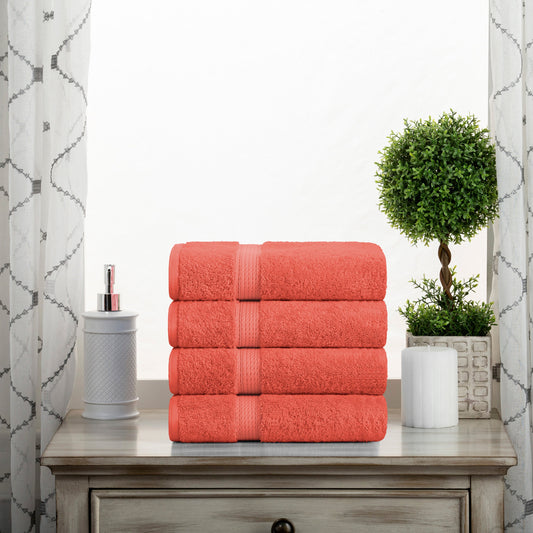 Egyptian Cotton Pile Absorbent Solid 4 Piece Hand Towel Set - Coral