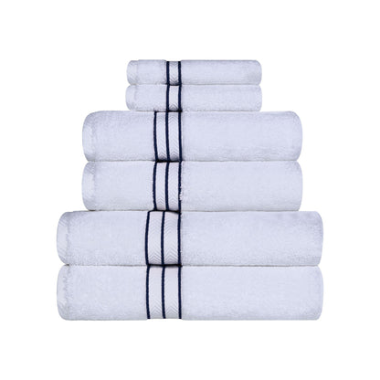 Turkish Cotton Heavyweight Ultra-Plush 6 Piece Bath Towel Set - White/navy Blue