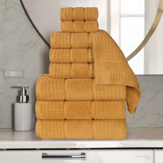 Zero Twist Cotton Waffle Honeycomb Plush Absorbent 9 Piece Towel Set - Gold