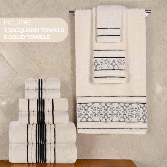 Zero Twist Cotton Floral Solid Jacquard 9 Piece Towel Set - Ivory