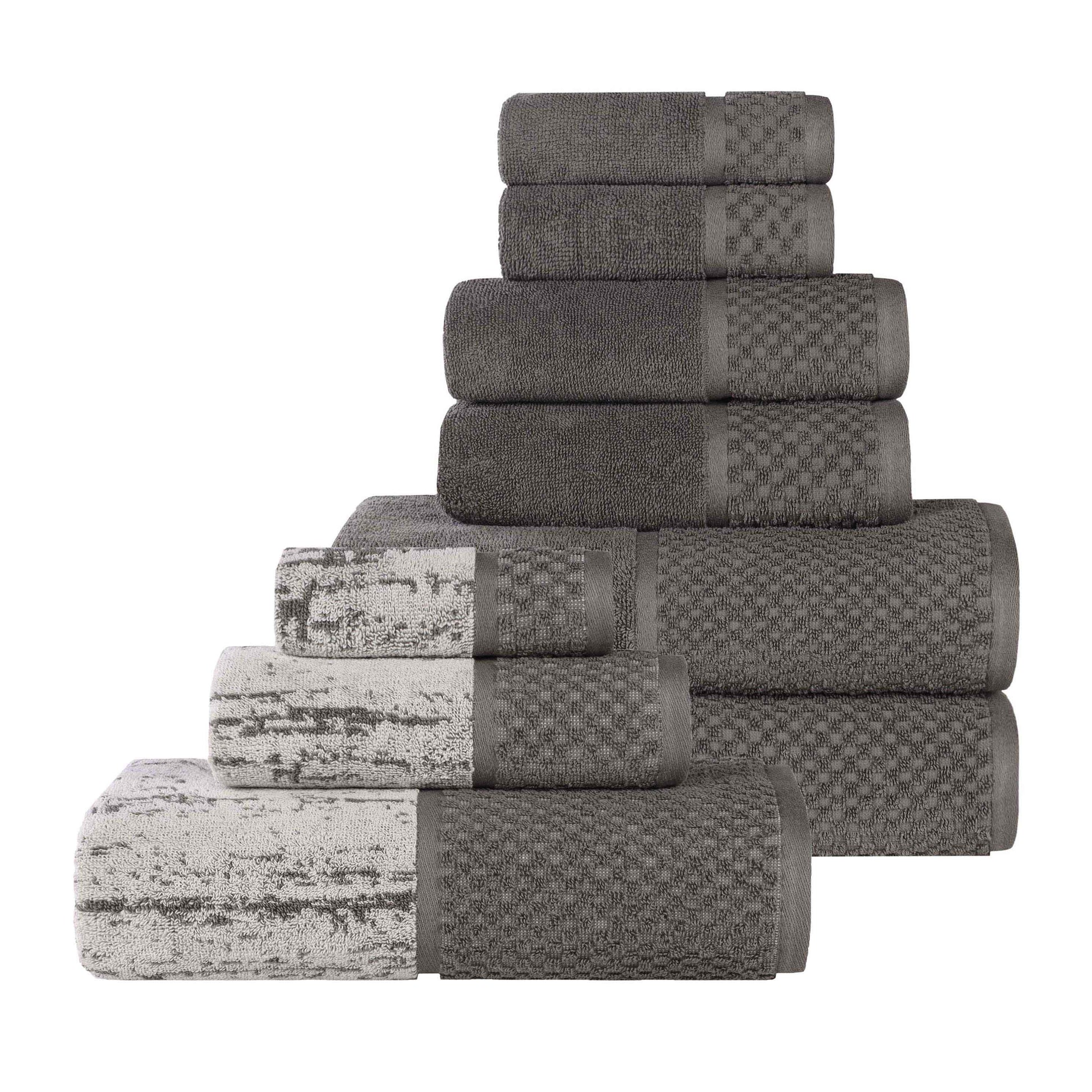 Lodie Cotton Jacquard Solid and Two-Toned 9 Piece Assorted Towel Set - Charcoal-Silver