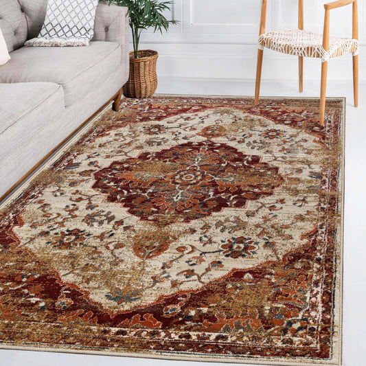 Superior Abena Traditional Medallion Indoor Area Rug or Runner - Rust-Cream