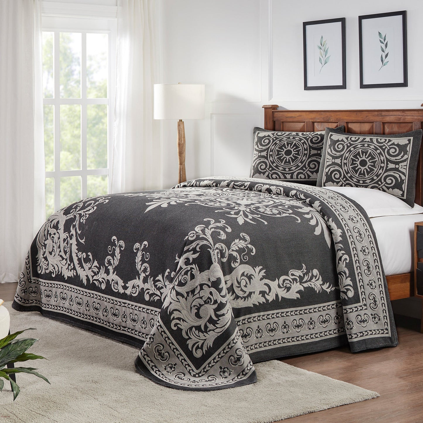 Superior Adalie Cotton Blend Woven Jacquard Vintage Medallion Lightweight Bedspread and Sham Set - Charcoal