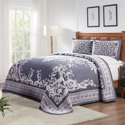 Superior Adalie Cotton Blend Woven Jacquard Vintage Medallion Lightweight Bedspread and Sham Set - Denim Blue