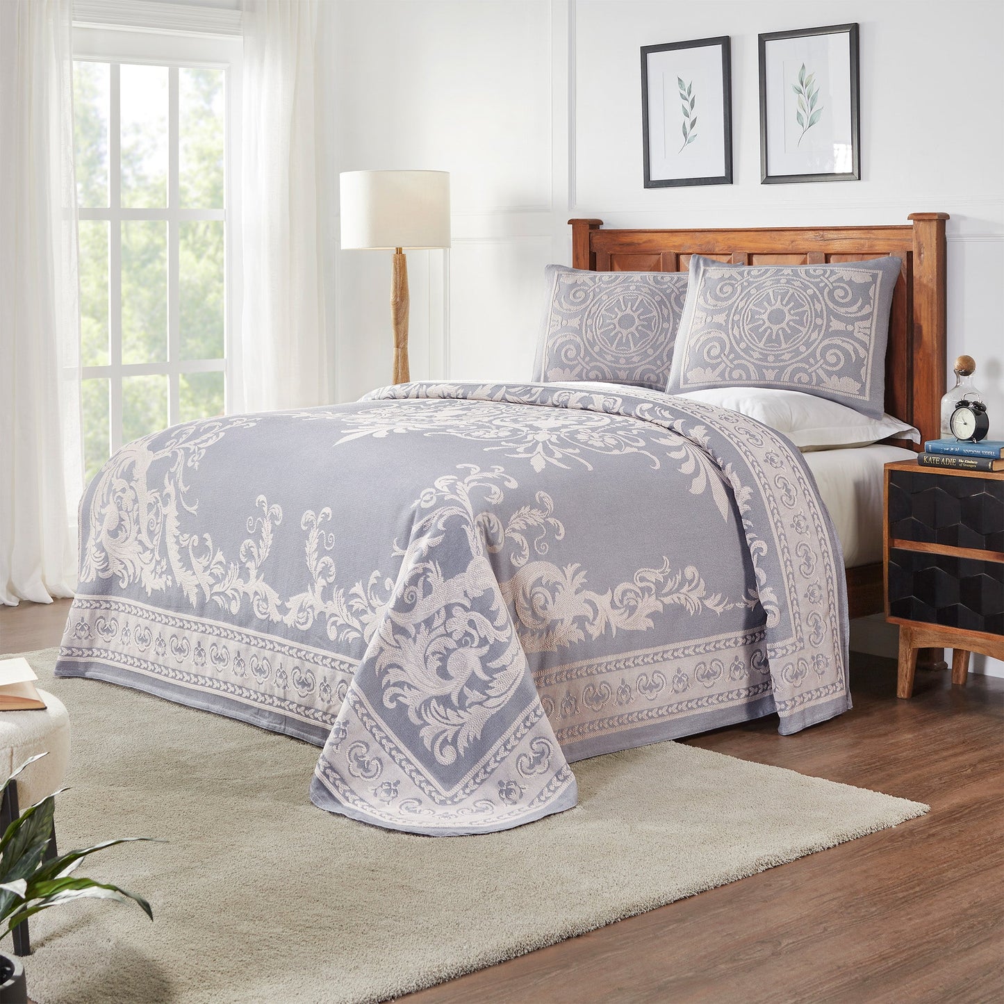 Superior Adalie Cotton Blend Woven Jacquard Vintage Medallion Lightweight Bedspread and Sham Set - Slate Blue