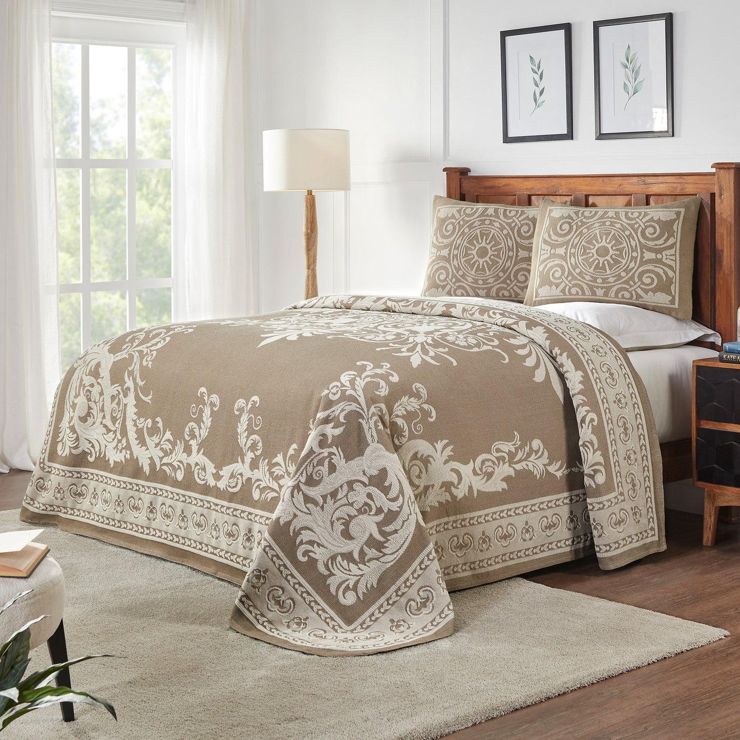 Superior Adalie Cotton Blend Woven Jacquard Vintage Medallion Lightweight Bedspread and Sham Set - Taupe