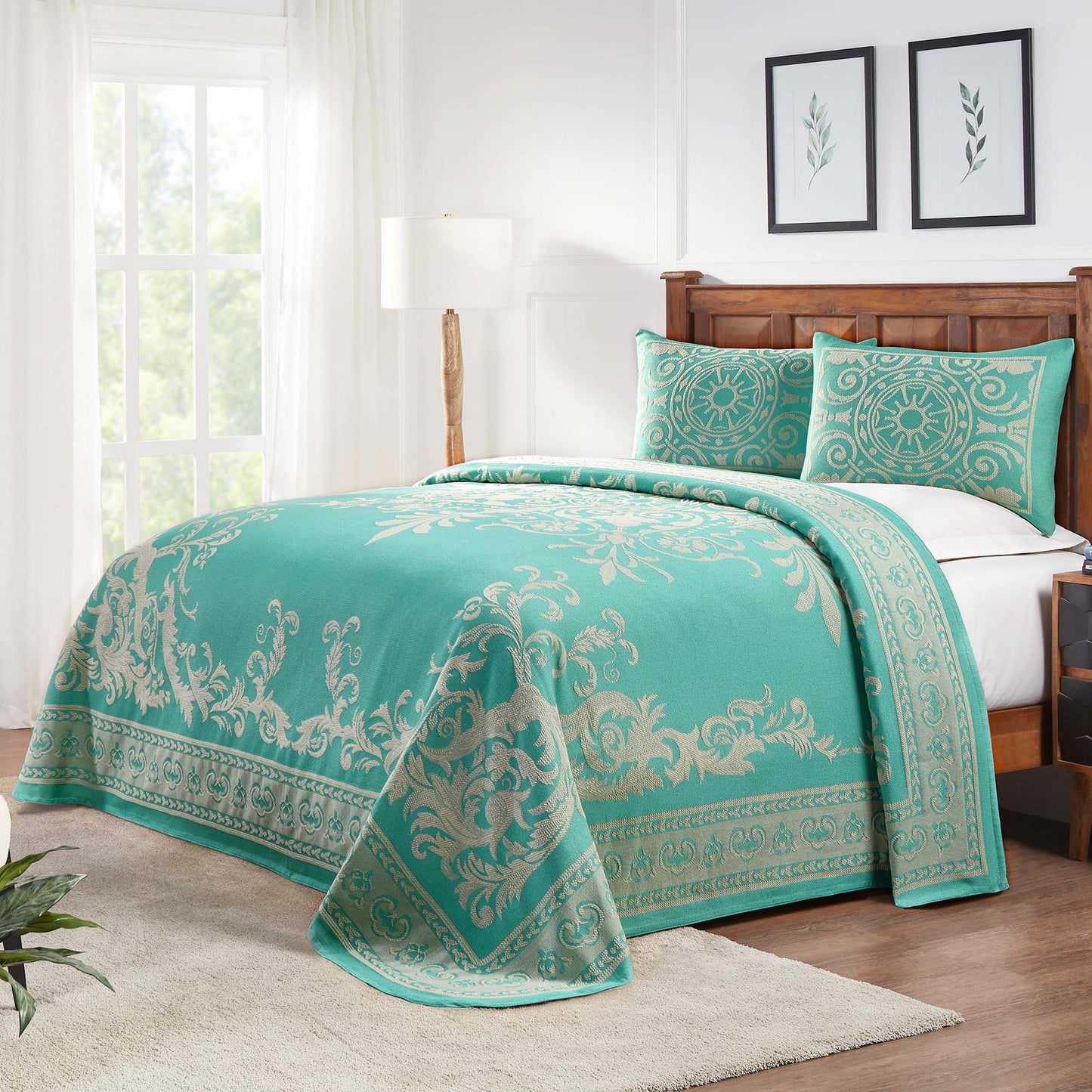 Superior Adalie Cotton Blend Woven Jacquard Vintage Medallion Lightweight Bedspread and Sham Set - Turquoise