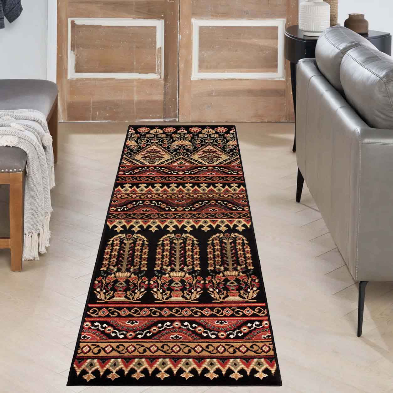 Adena Bohemian Floral Geometric Area Rug or Runner Rug - Black