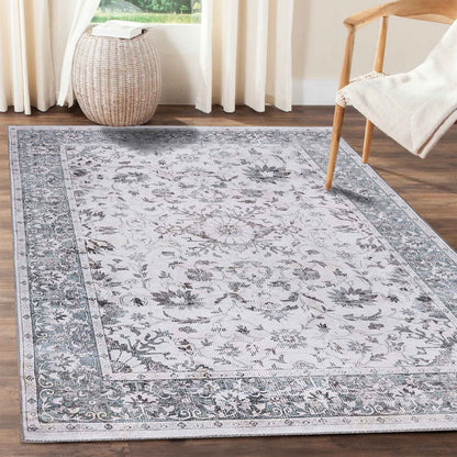 Agra Floral Scroll Border Washable Indoor Area Rug or Runner