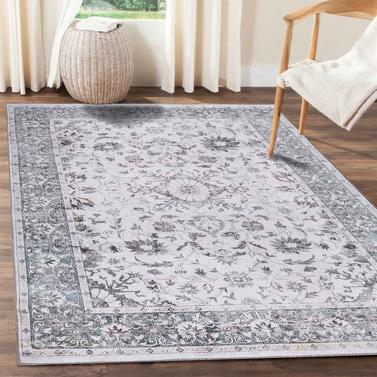 Agra Floral Scroll Border Washable Indoor Area Rug or Runner