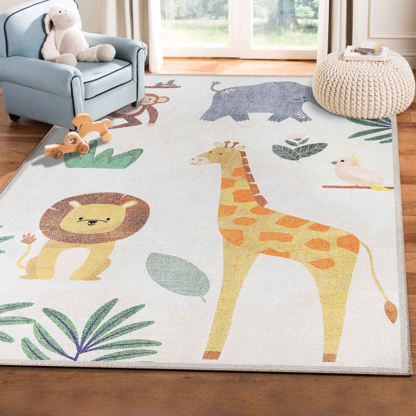 Animal Safari Playroom Non-Slip Kids Washable Indoor Area Rug - Ivory