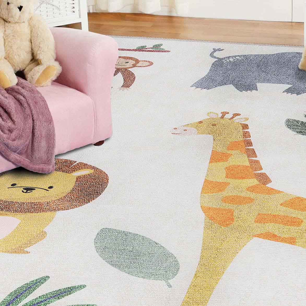 Animal Safari Playroom Non-Slip Kids Washable Indoor Area Rug - Ivory