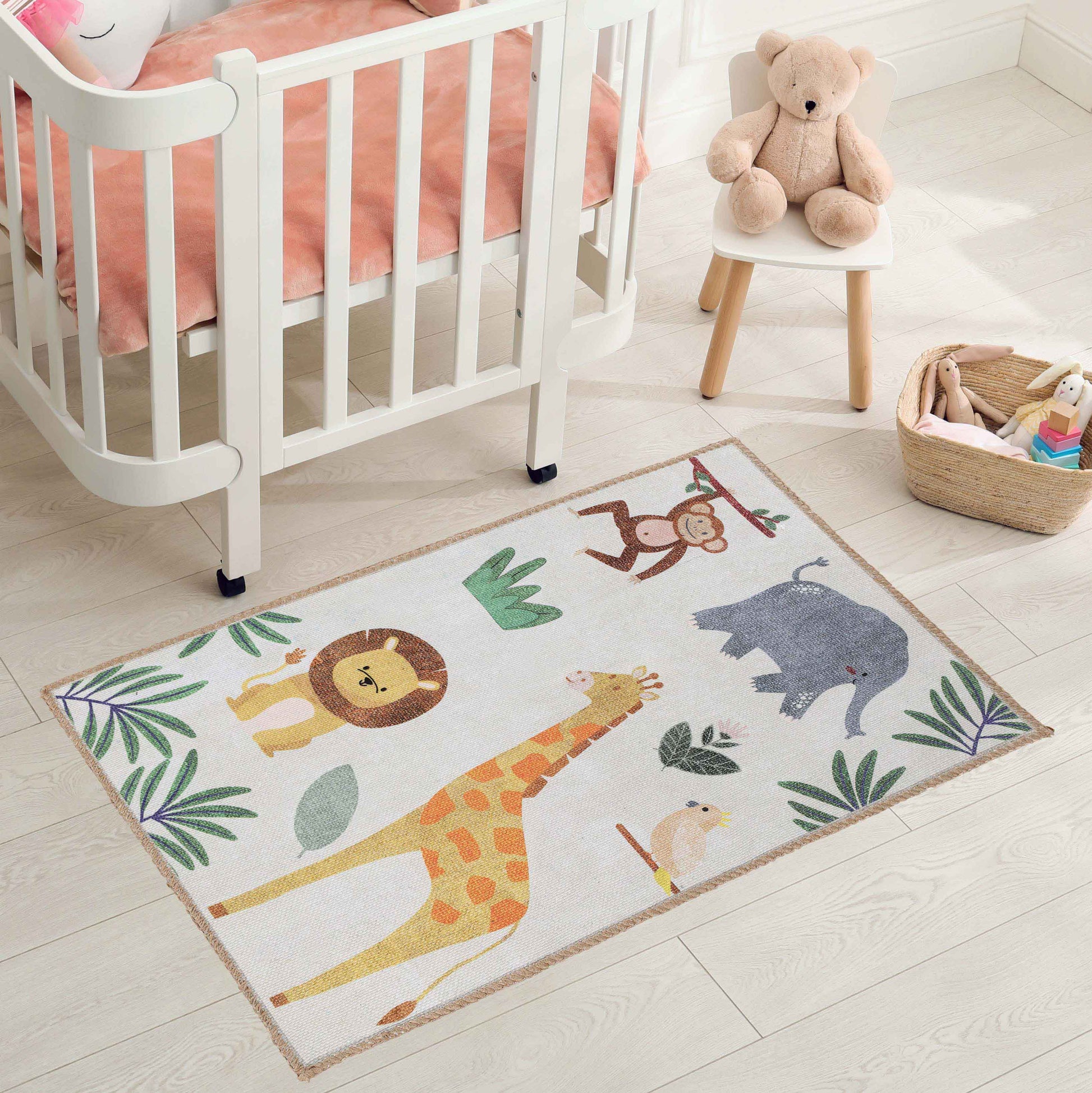 Animal Safari Playroom Non-Slip Kids Washable Indoor Area Rug - Ivory