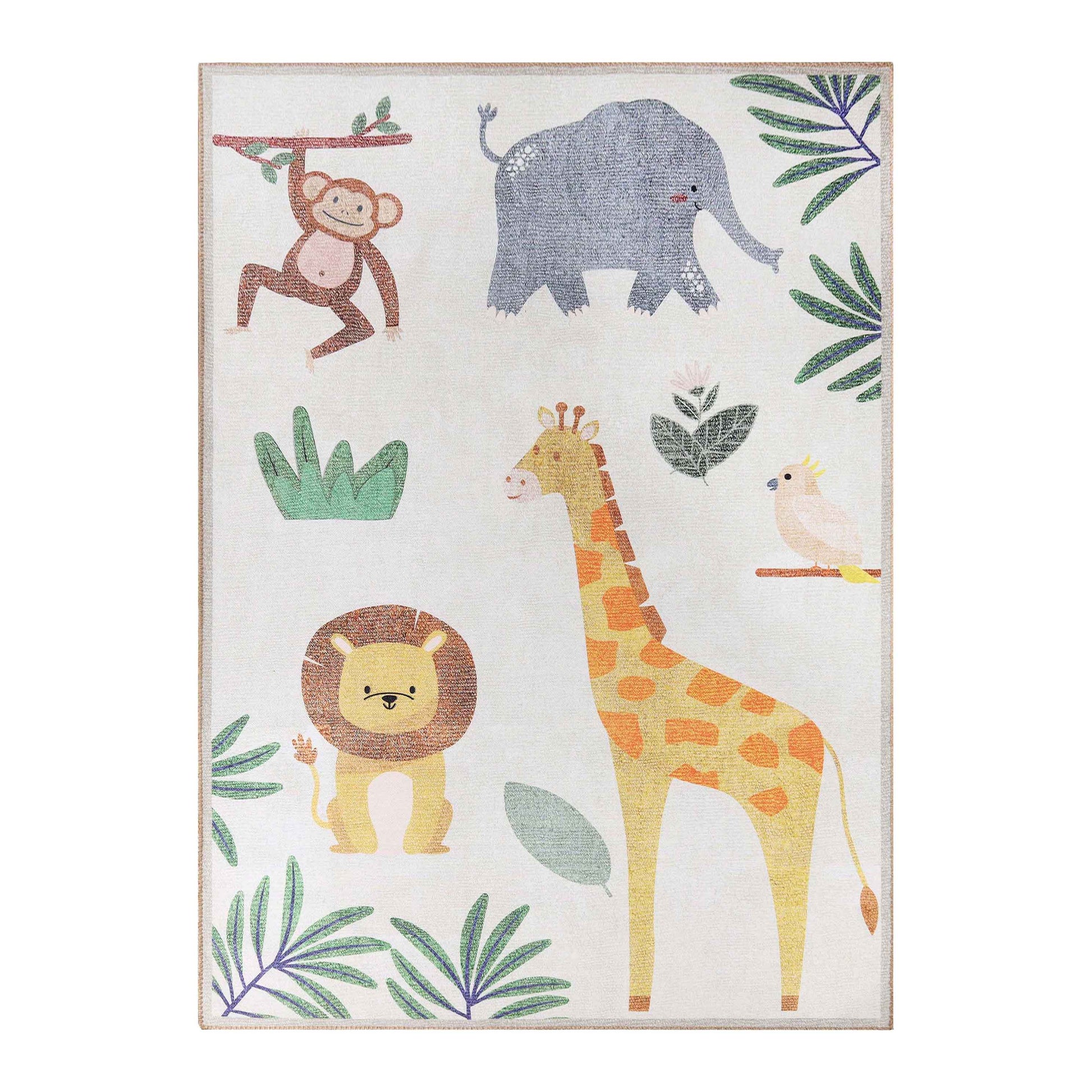 Animal Safari Playroom Non-Slip Kids Washable Indoor Area Rug - Ivory