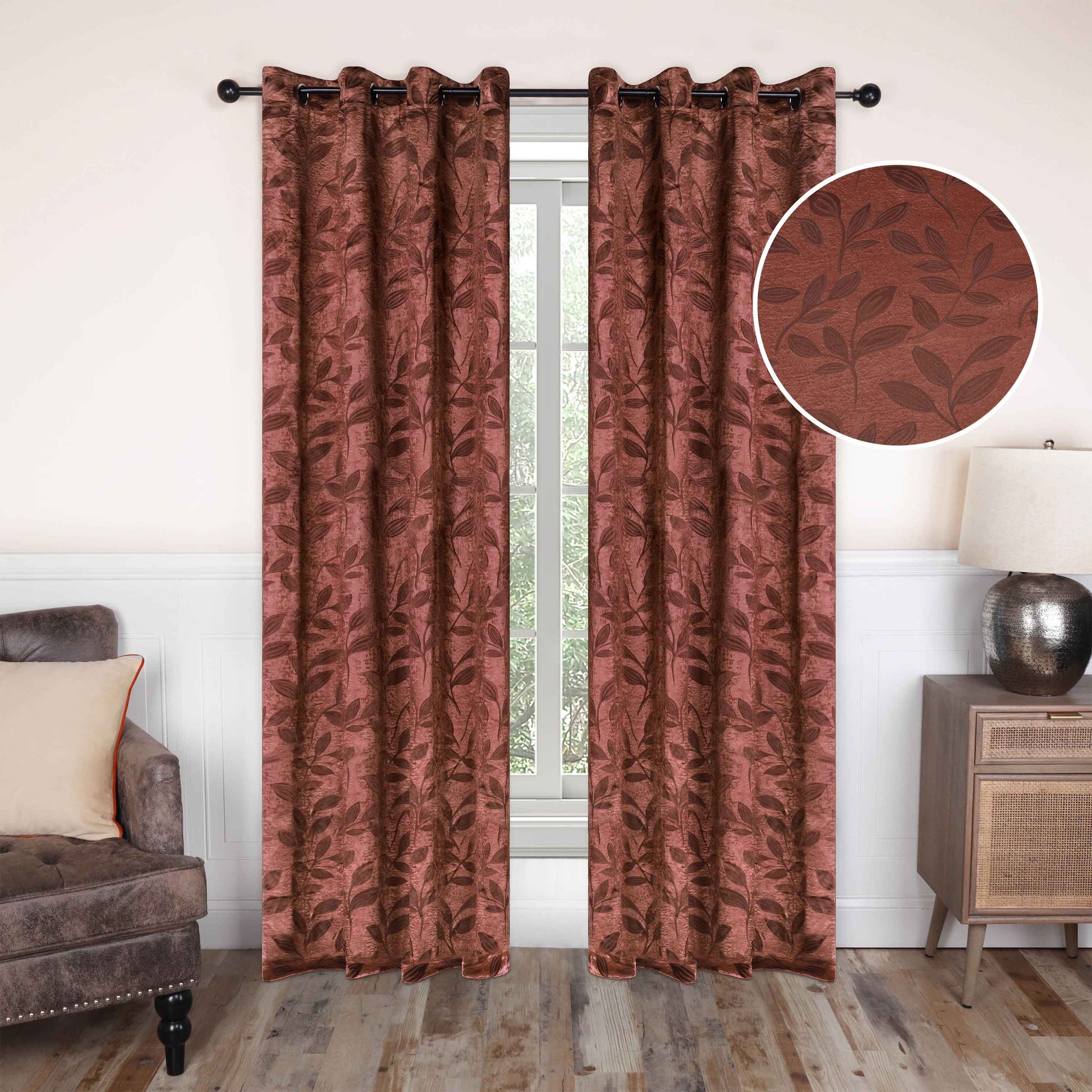 Leaves Machine Washable Room Darkening Blackout Curtains, Set of 2 - AntiqueCopper