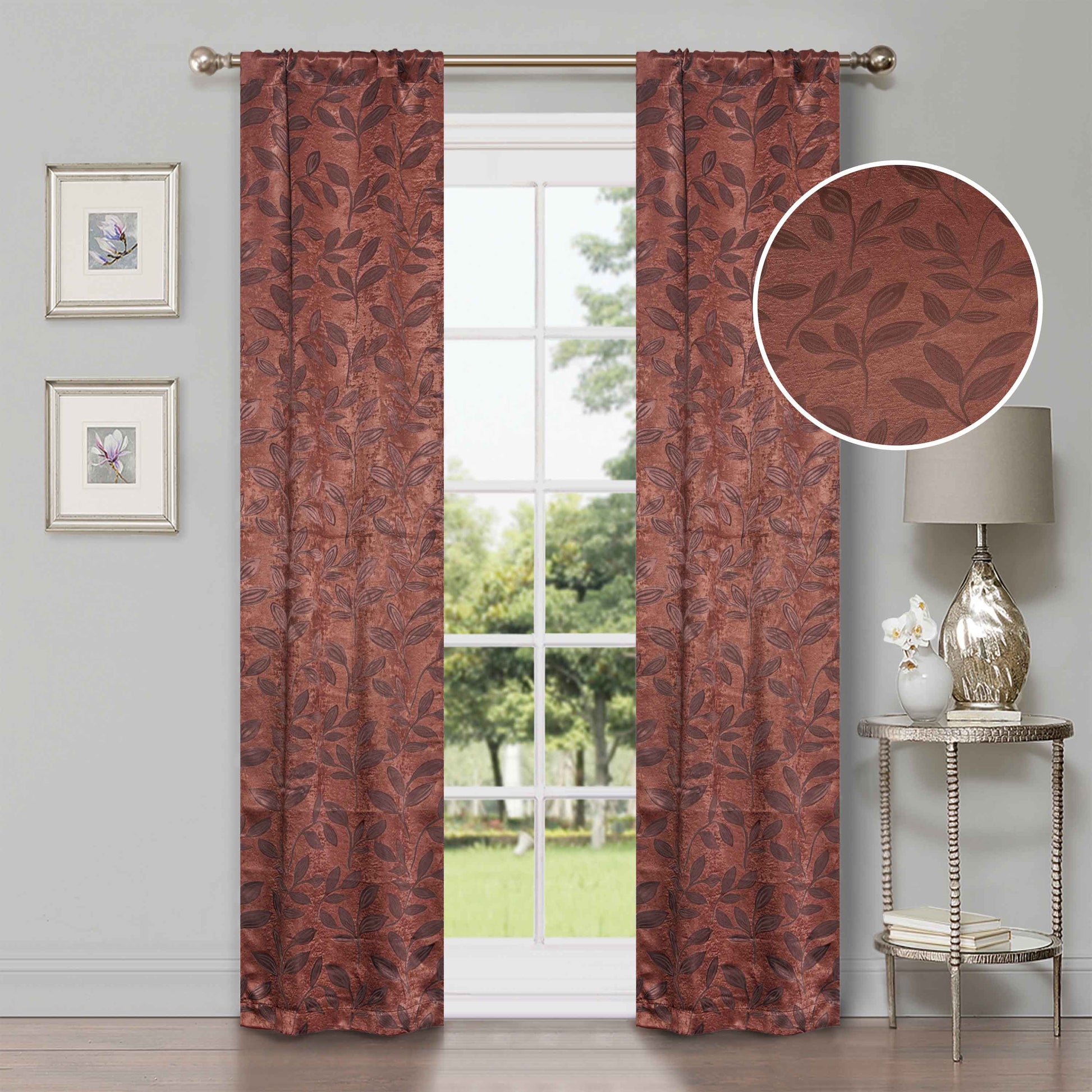 Leaves Machine Washable Room Darkening Blackout Curtains, Set of 2 - AntiqueCopper