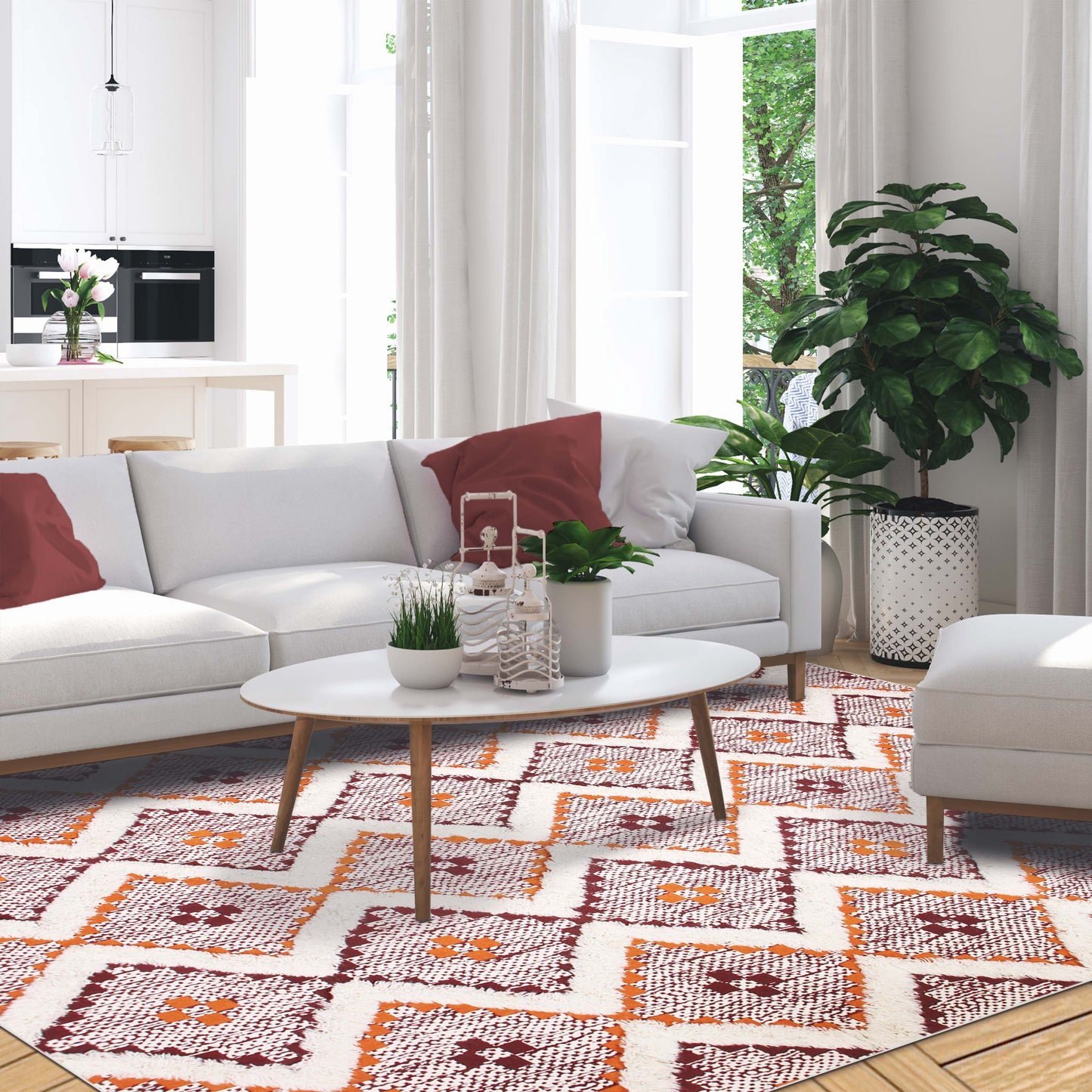 Geometric Wool Cotton Blend Latex Backing Indoor Area Rug - Apricot/BrickRed