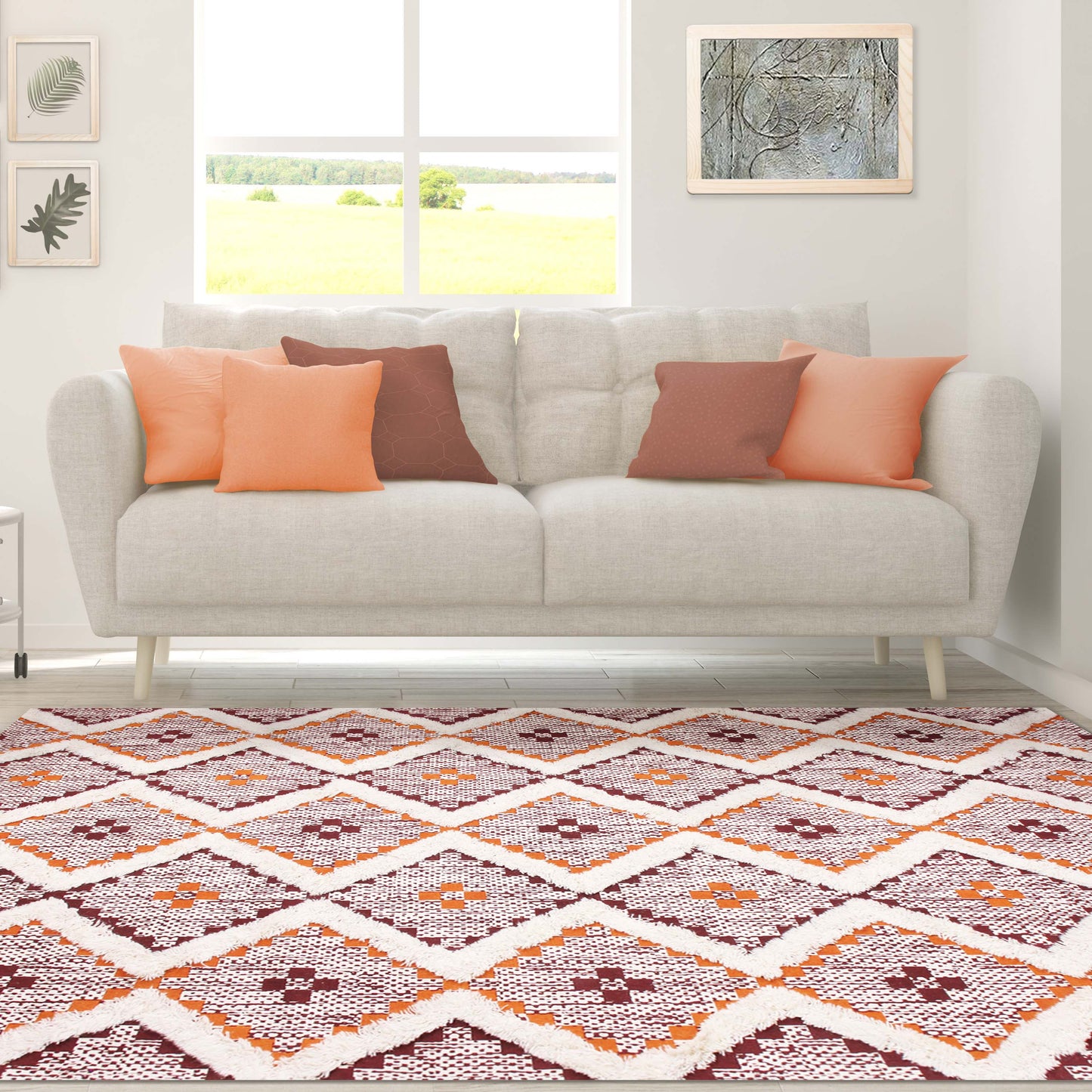 Geometric Wool Cotton Blend Latex Backing Indoor Area Rug - Apricot/BrickRed