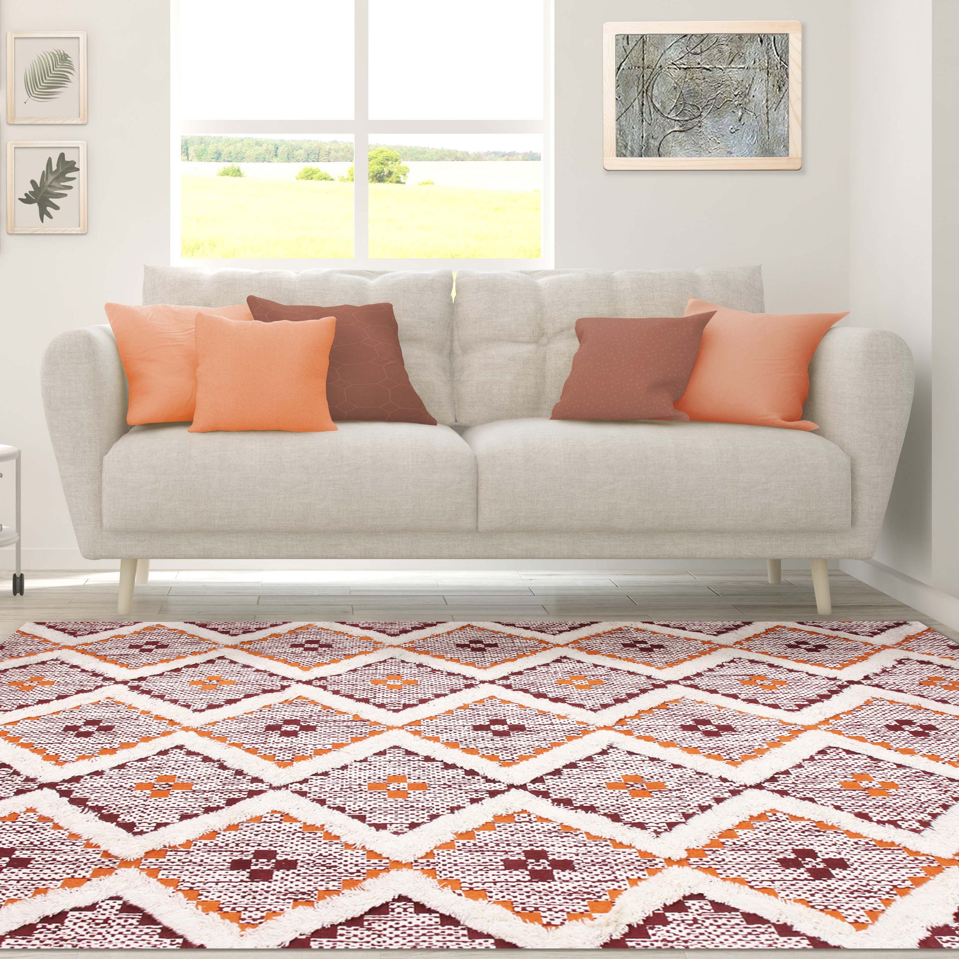 Geometric Wool Cotton Blend Latex Backing Indoor Area Rug - Apricot/BrickRed