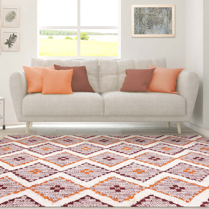 Geometric Wool Cotton Blend Latex Backing Indoor Area Rug - Apricot/BrickRed