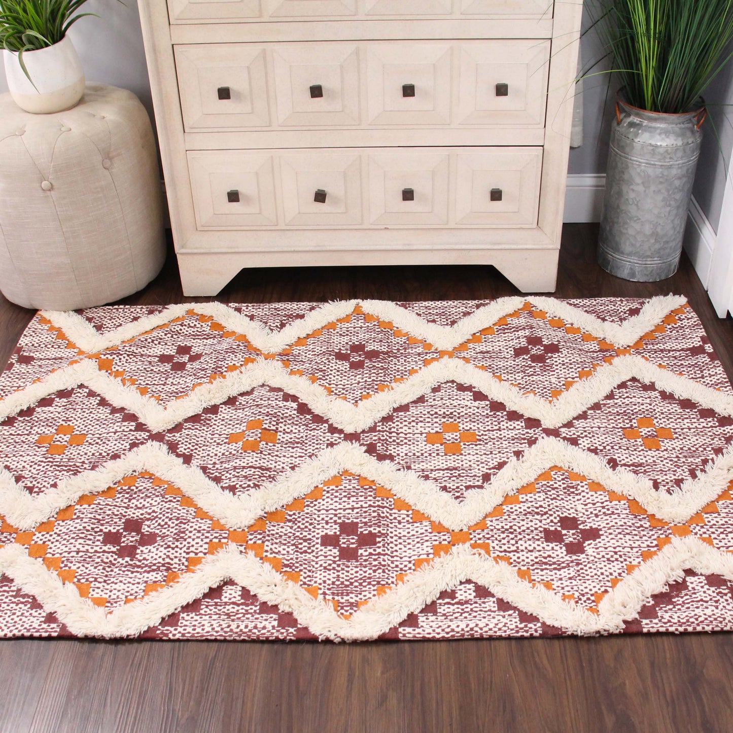 Geometric Wool Cotton Blend Latex Backing Indoor Area Rug - Apricot/BrickRed