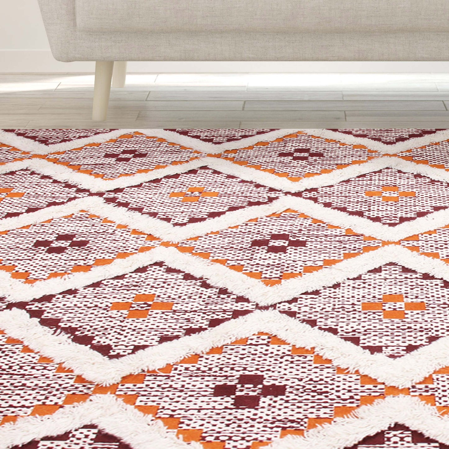 Geometric Wool Cotton Blend Latex Backing Indoor Area Rug - Apricot/BrickRed