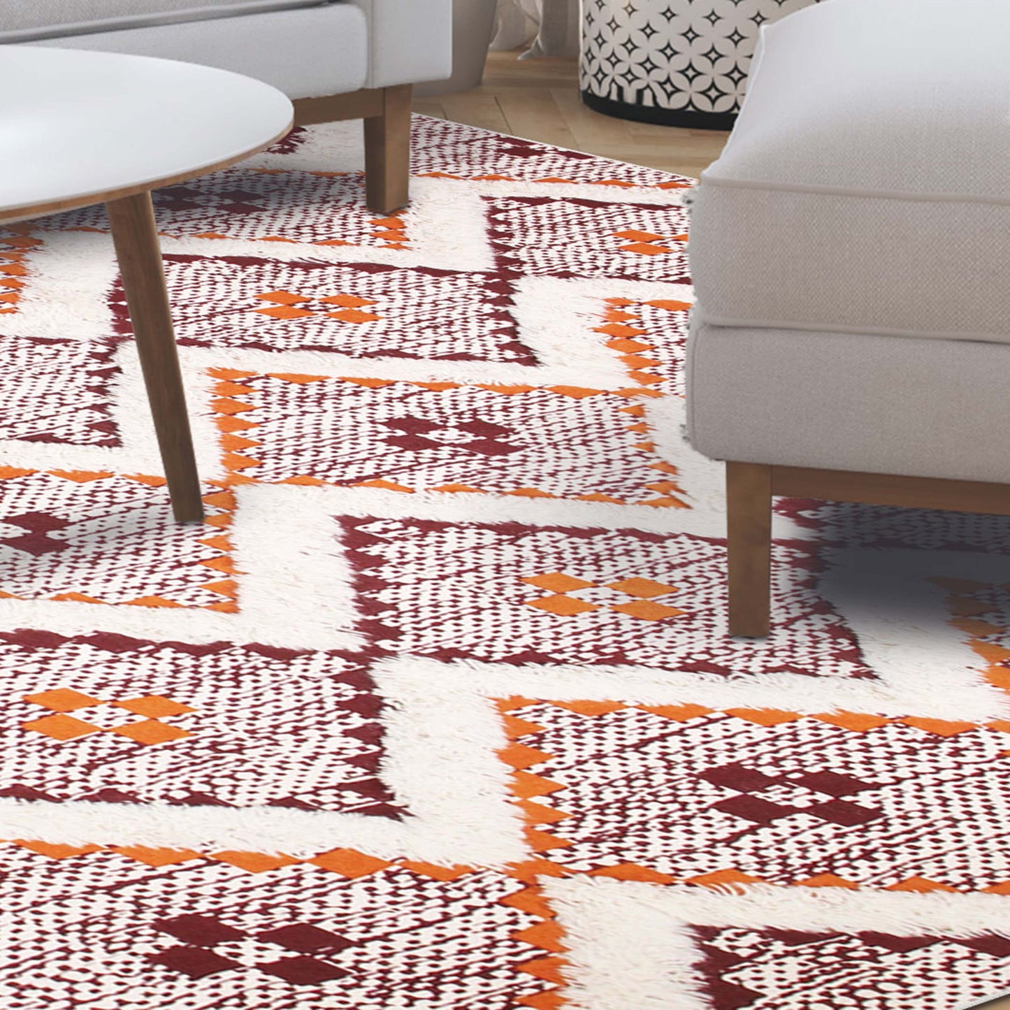 Geometric Wool Cotton Blend Latex Backing Indoor Area Rug - Apricot/BrickRed