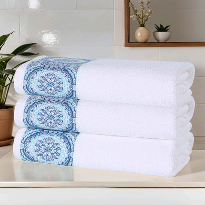 Medallion Cotton Jacquard Textured Soft Absorbent Bath Towel Set of 3 - Aqua