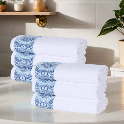 Medallion Cotton Jacquard Textured Soft Absorbent Hand Towel Set of 6 - Aqua