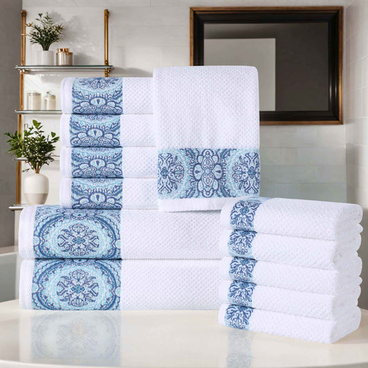 Medallion Cotton Jacquard Textured Soft Absorbent 12 Piece Towel Set - Aqua