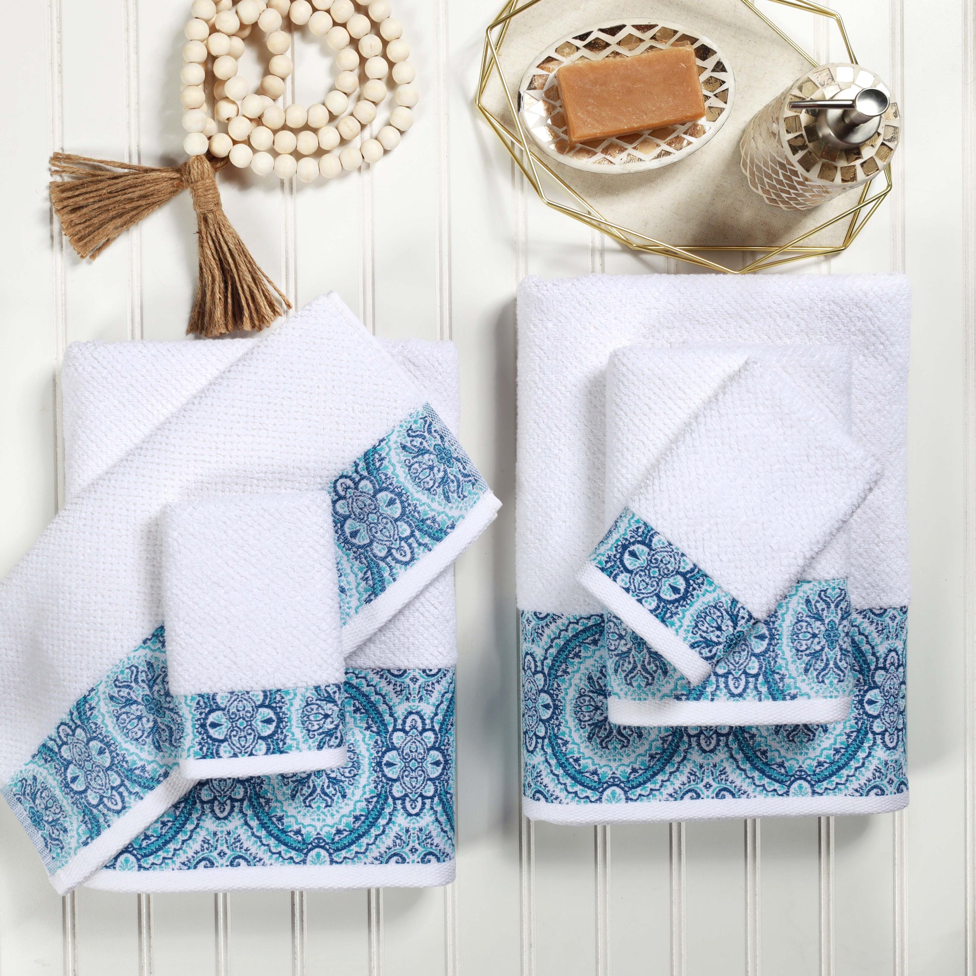 Medallion Cotton Jacquard Textured 6 Piece Assorted Towel Set - Aqua