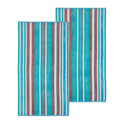 2 Piece Rope Textured Striped Oversized Cotton Beach Towel Set - Aqua