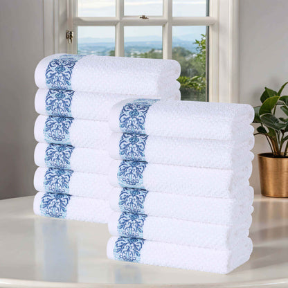 Medallion Cotton Jacquard Textured Face Towels/ Washcloths, Set of 12 - Aqua