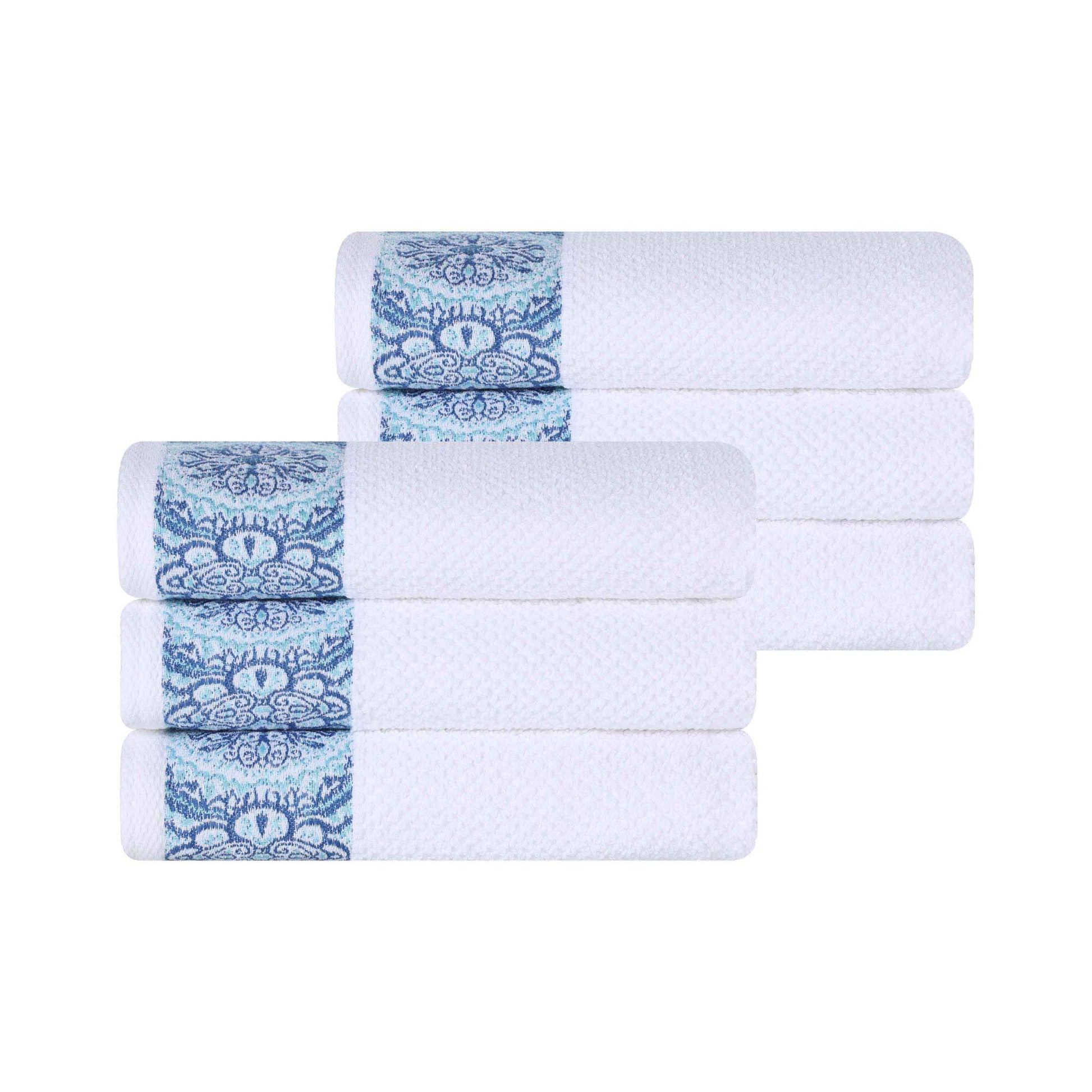 Medallion Cotton Jacquard Textured Soft Absorbent Hand Towel Set of 6 - Aqua