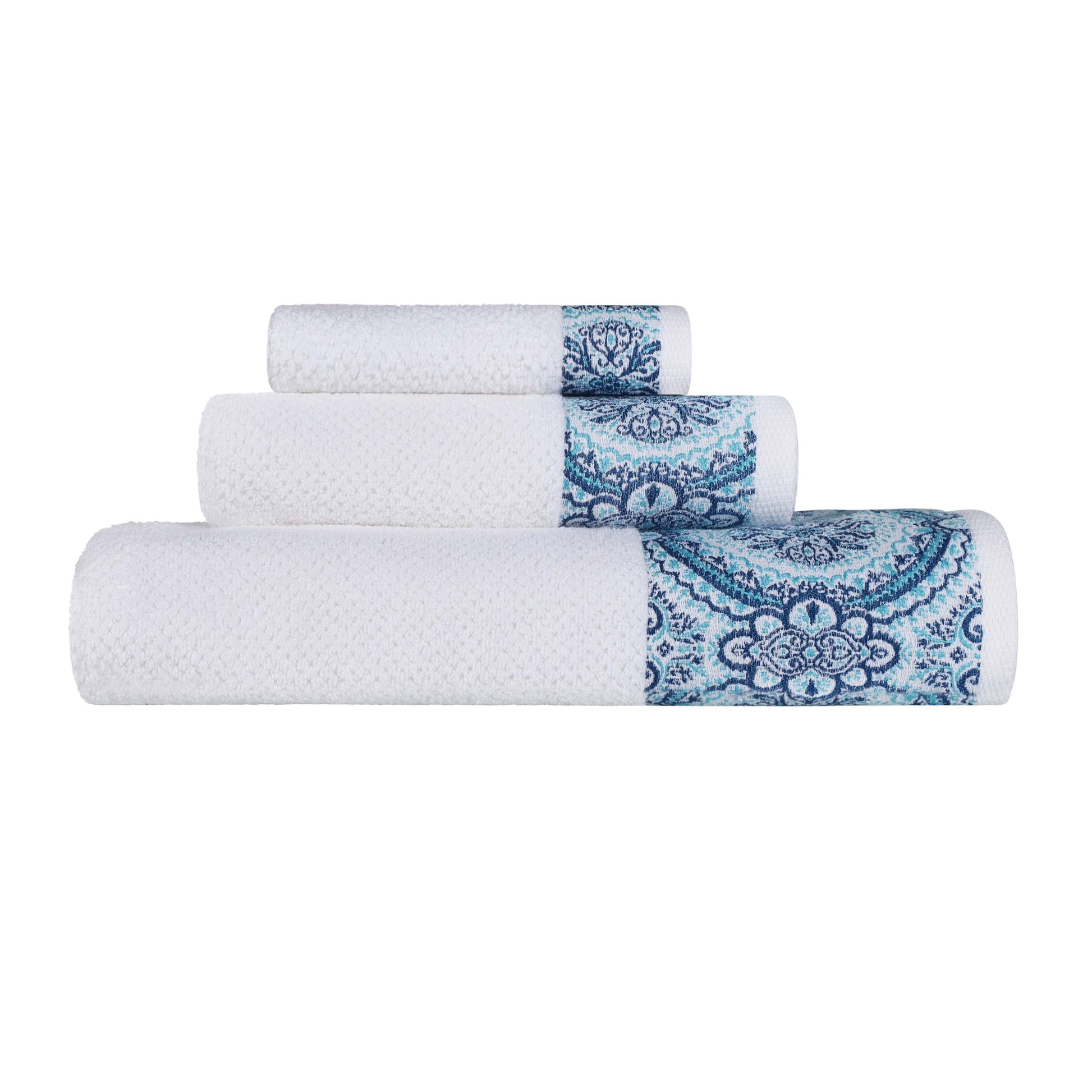 Medallion Cotton Jacquard Textured Soft Absorbent 3 Piece Towel Set - Aqua