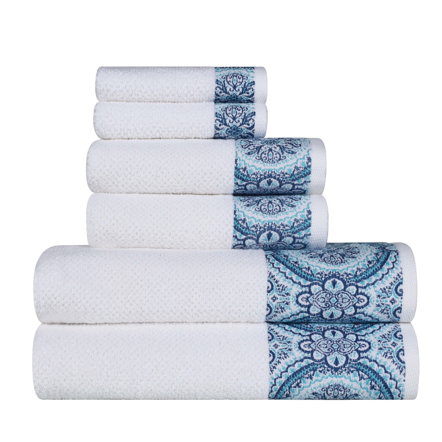 Medallion Cotton Jacquard Textured 6 Piece Assorted Towel Set - Aqua
