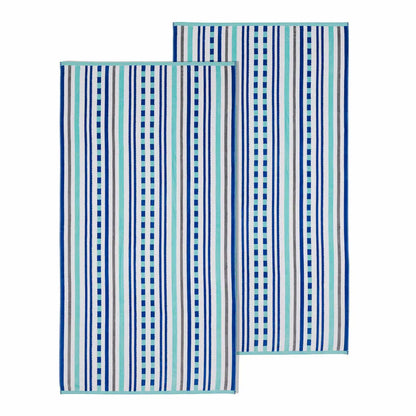 Stripe Cotton Oversized Medium Weight 2 Piece Beach Towel Set - AquaSky