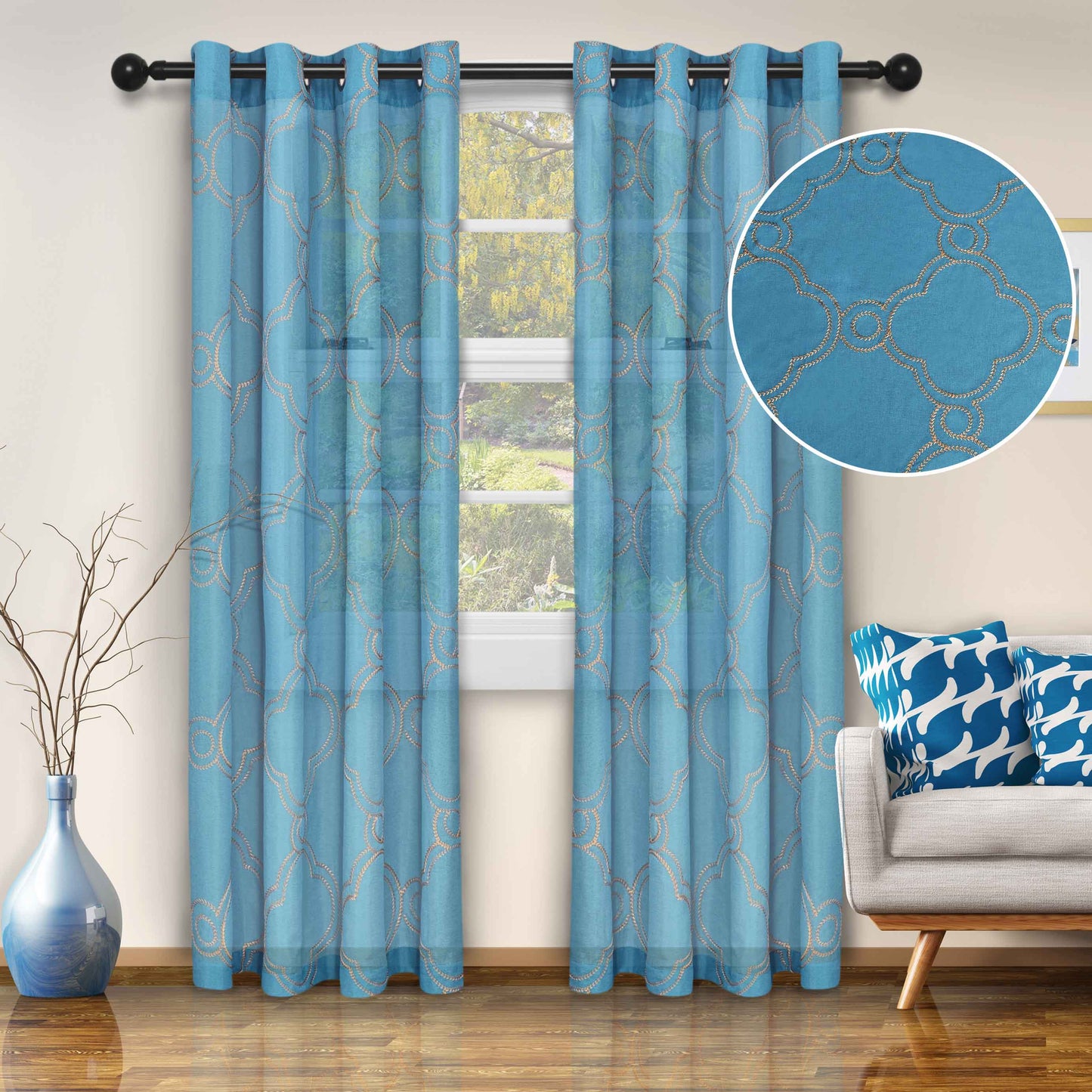 Embroidered Moroccan Sheer Grommet Curtain Panel Set - Aquarius