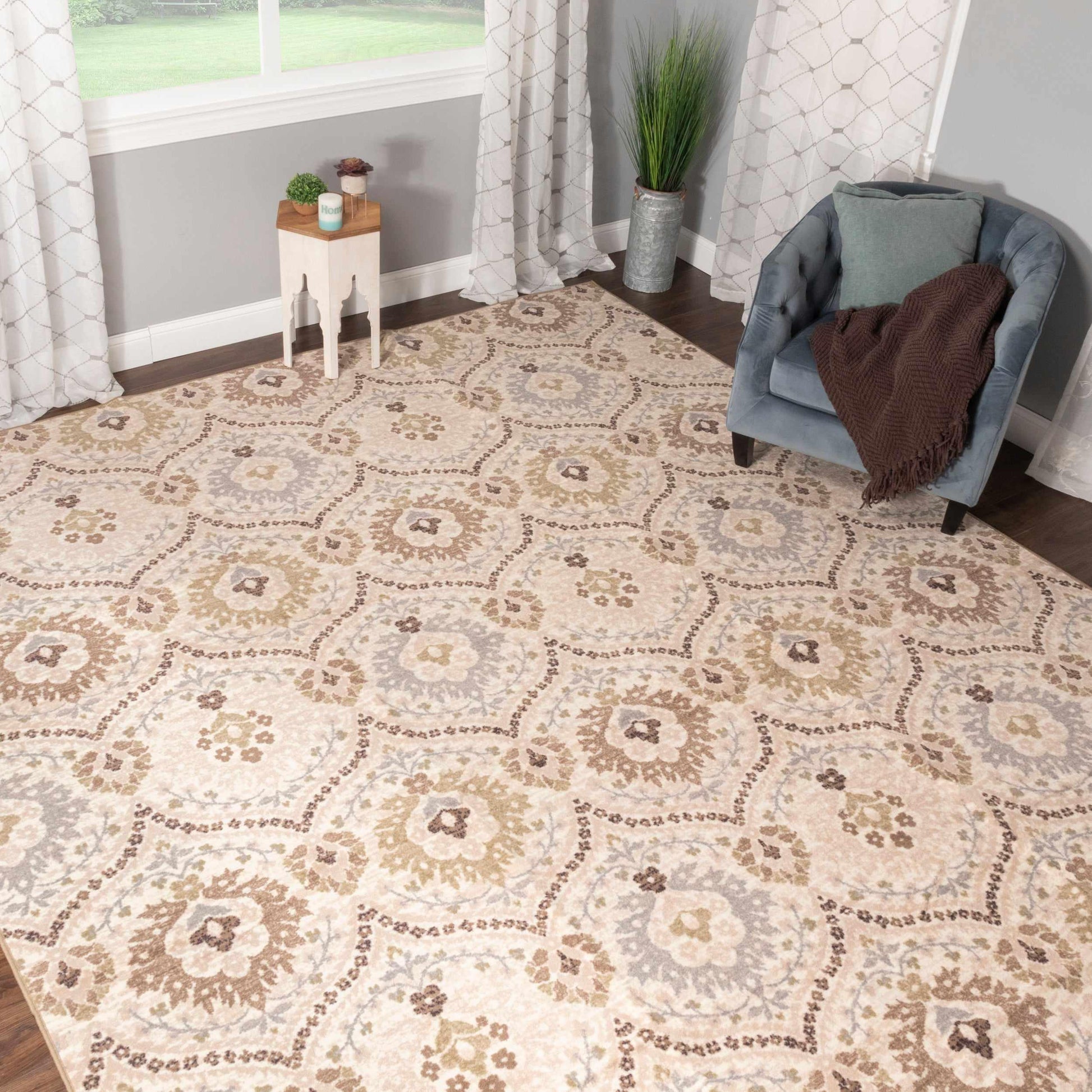  Augusta Rustic Floral Damask Non-Slip Indoor Washable Area Rug 