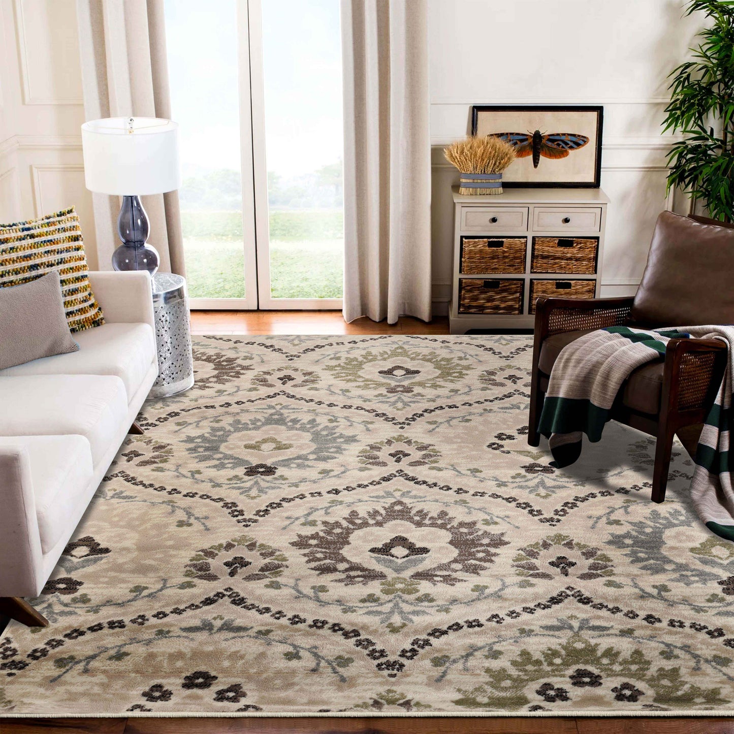 Augusta Oriental Vintage Floral Damask Indoor Area Rug or Runner Rug - Ivory