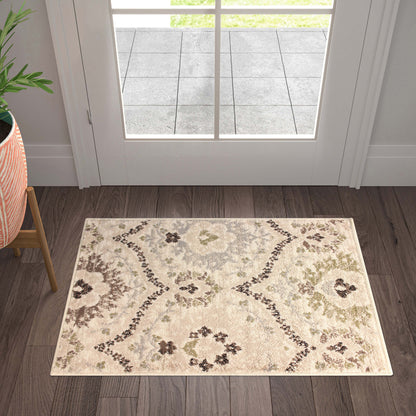 Augusta Oriental Vintage Floral Damask Indoor Area Rug or Runner Rug - Ivory