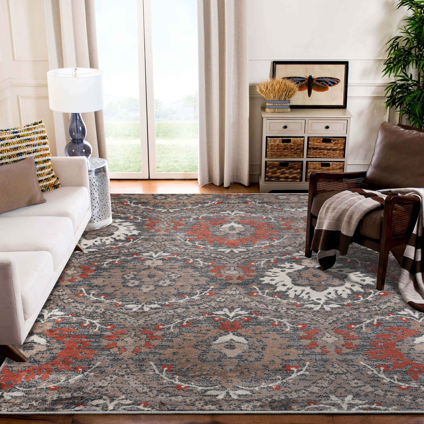 Augusta Oriental Vintage Floral Damask Indoor Area Rug or Runner Rug - Rust