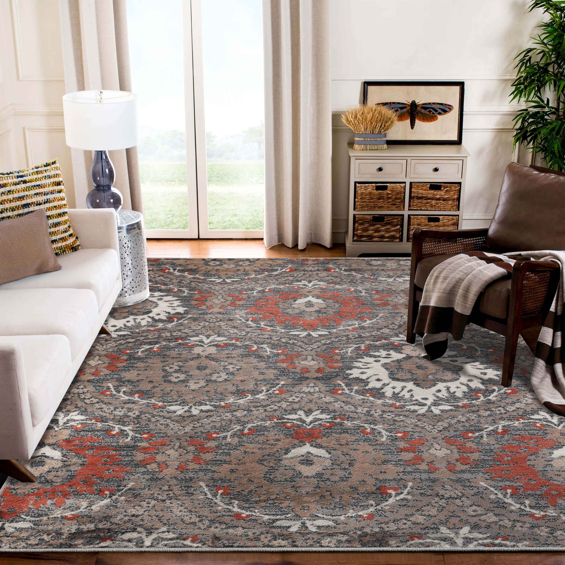 Augusta Oriental Vintage Floral Damask Indoor Area Rug or Runner Rug - Rust