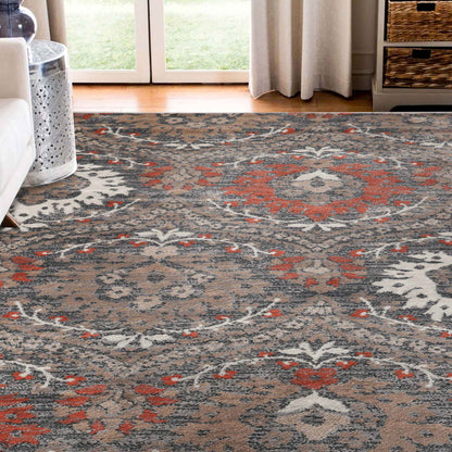 Augusta Oriental Vintage Floral Damask Indoor Area Rug or Runner Rug - Rust