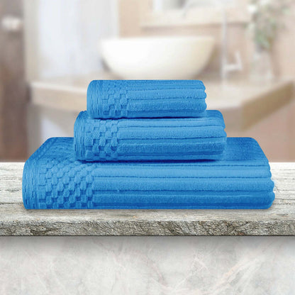 Soho Ribbed Cotton Absorbent 3 Piece Assorted Towel Set - Azure