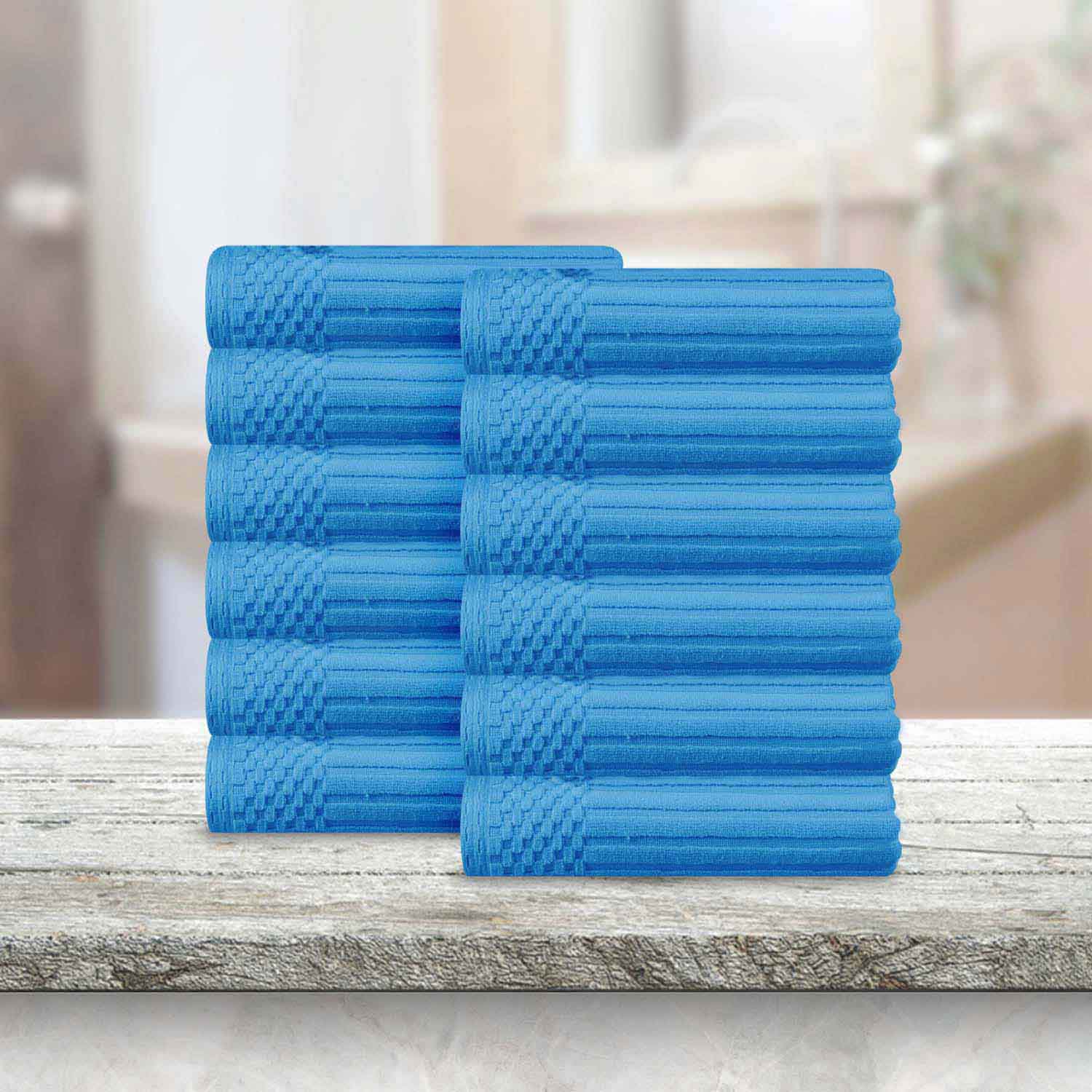 Soho Ribbed Cotton Absorbent Face Towel / Washcloth Set of 12 - Azure