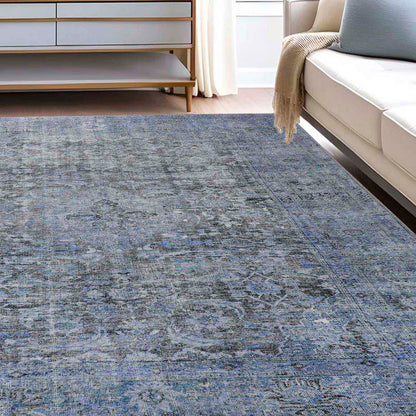Huda Distressed Rustic Floral Geometric Medallion Indoor Area Rug - Azure