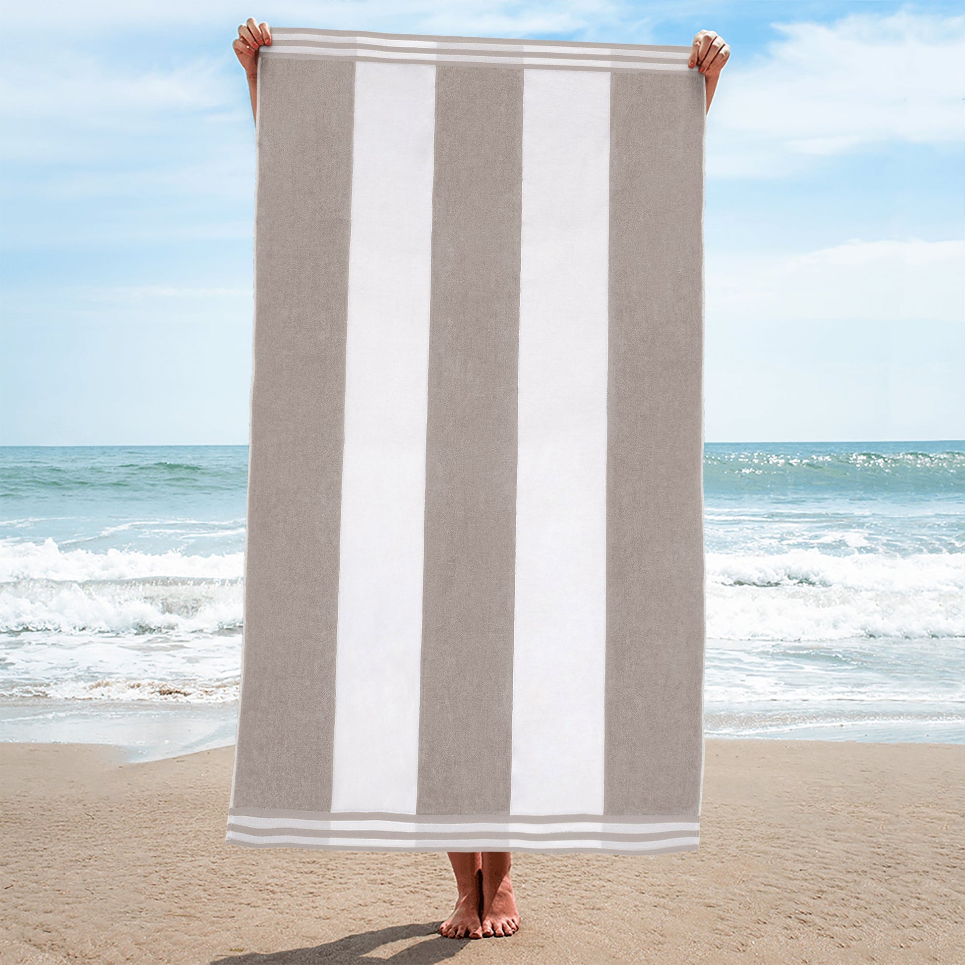 Superior Cabana Stripe Oversized Cotton Beach Towel Set Of 2,4,6 - Light Grey